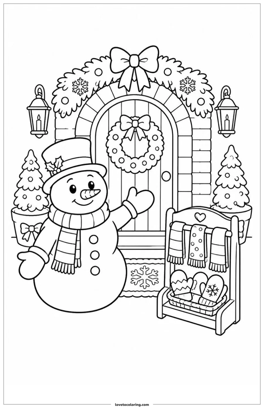 Dibujo para colorear de snowman welcoming viewers at a decorated entrance