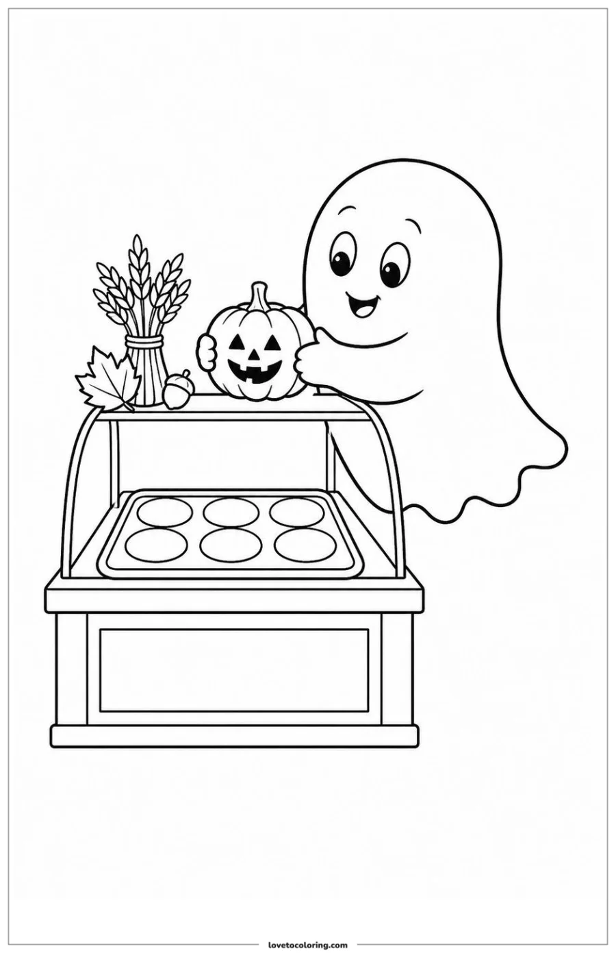 Dibujo para colorear de friendly ghost placing the final item into a display