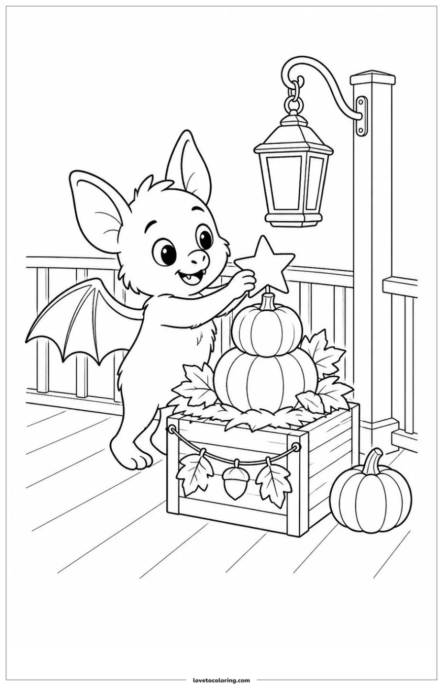 Black-and-white printable coloring page showing a cute bat placing the final item into a display.
