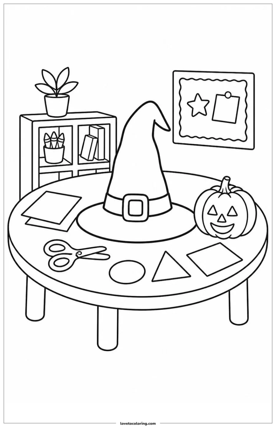 Dibujo para colorear de witch hat the center of a craft table