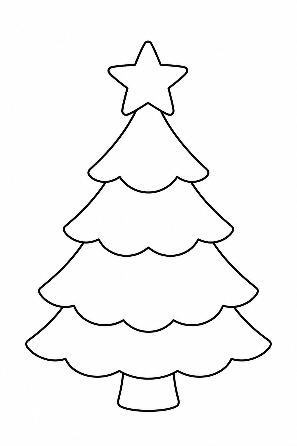 Black-and-white printable coloring page of a simple Christmas tree with broad tiered branches and one large star.