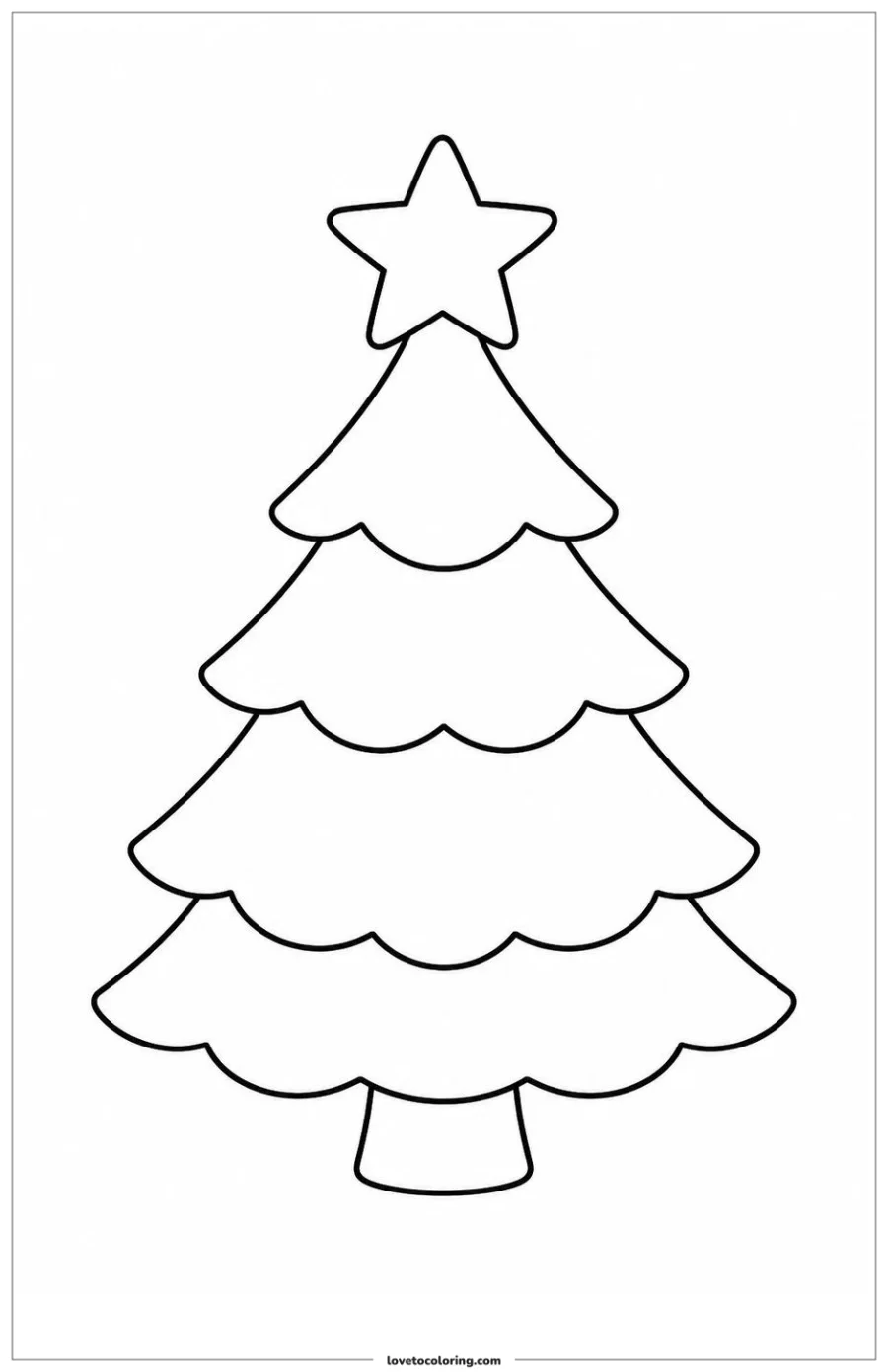 Black-and-white printable coloring page of a simple Christmas tree with broad tiered branches and one large star.