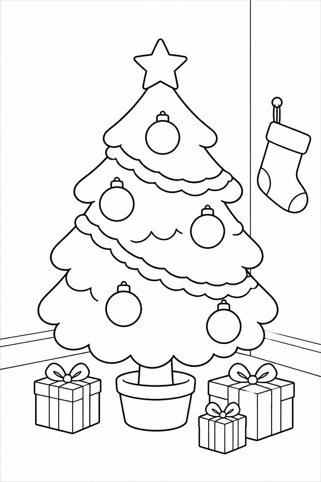 Black-and-white printable coloring page of a cute rounded Christmas tree decorated with several large round ornaments.