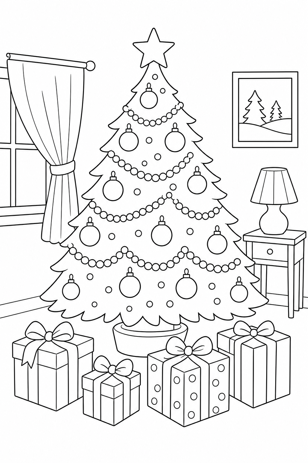 Black-and-white printable coloring page of a decorated Christmas tree with baubles, garland and a star in a living room.