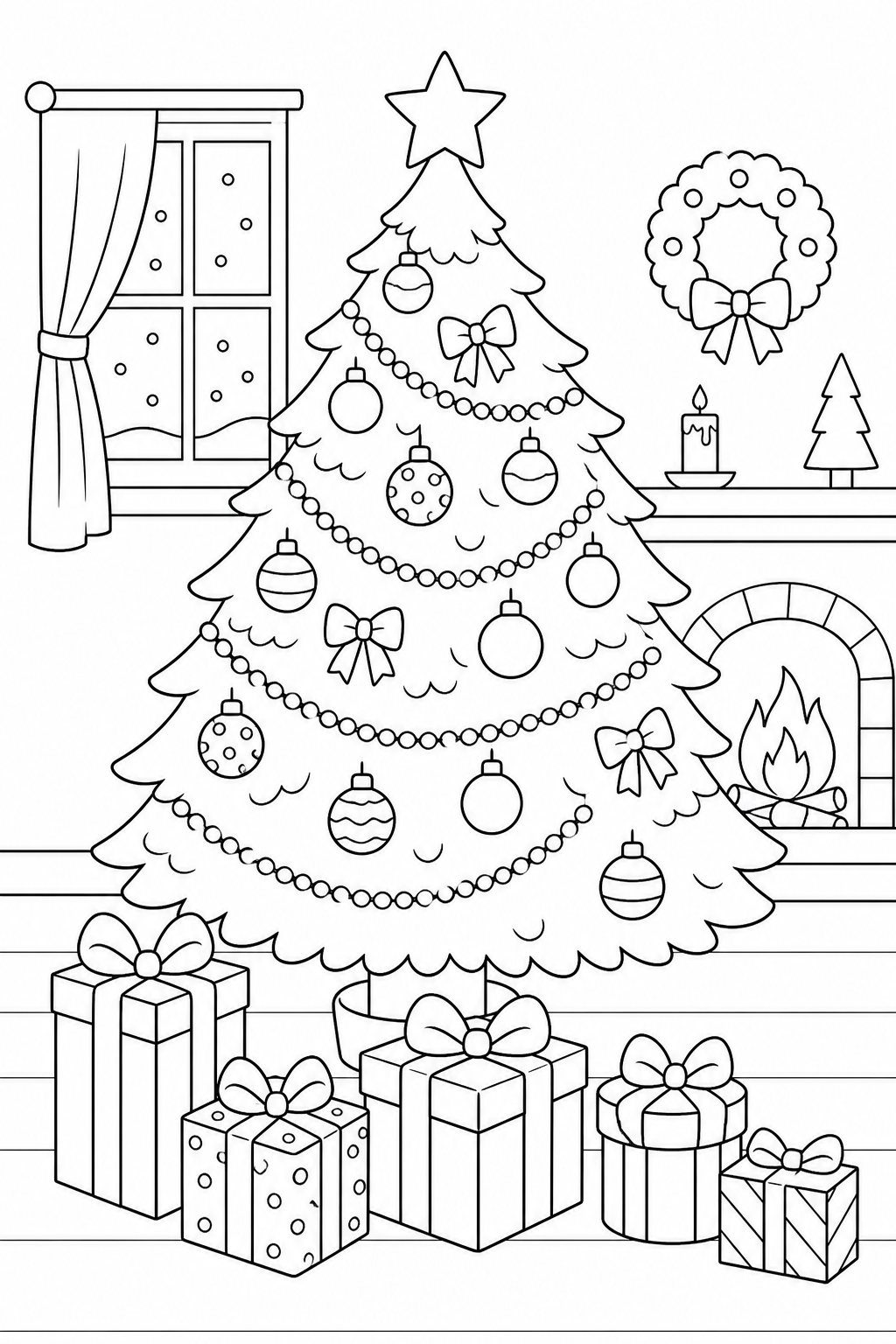 Black-and-white printable coloring page of a Christmas tree standing above several distinct wrapped presents.