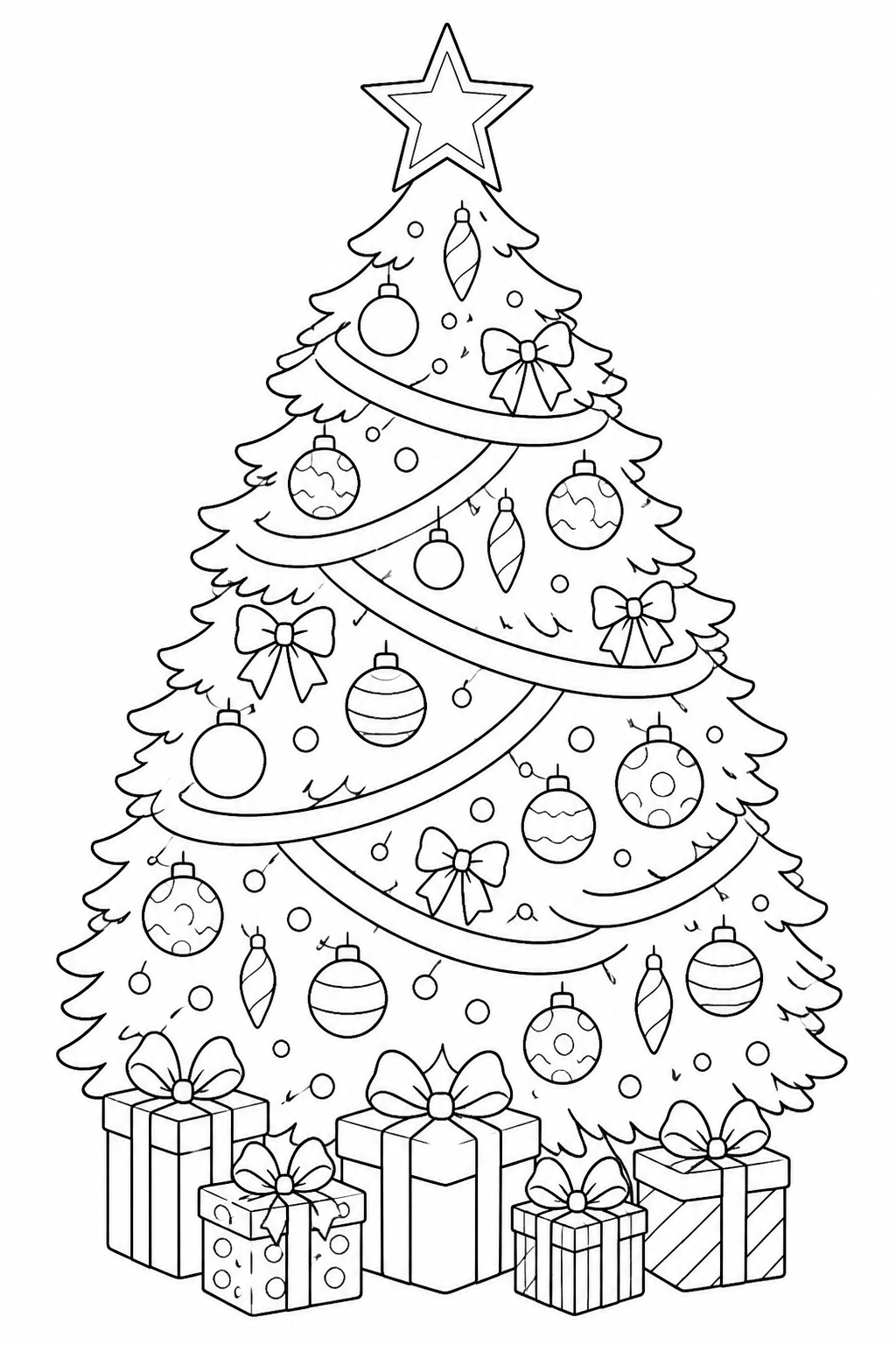 Black-and-white printable coloring page of a Christmas tree decorated with ribbon, ornaments and a large star topper.