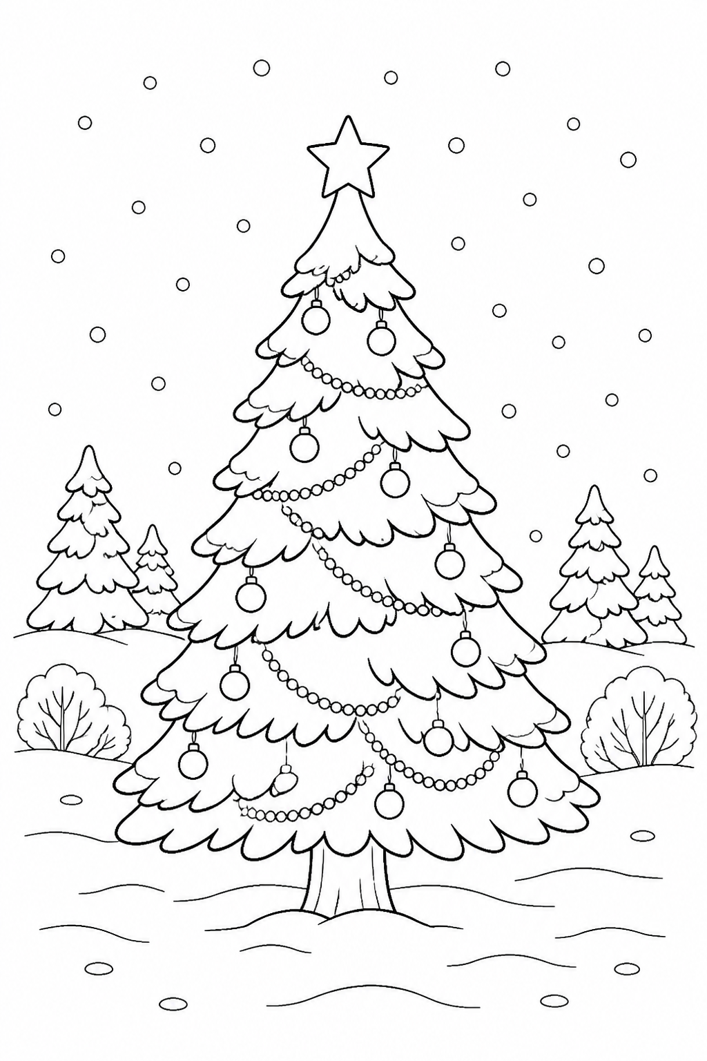 Black-and-white printable coloring page of a snow-covered Christmas tree beneath gentle falling snow in a winter clearing.