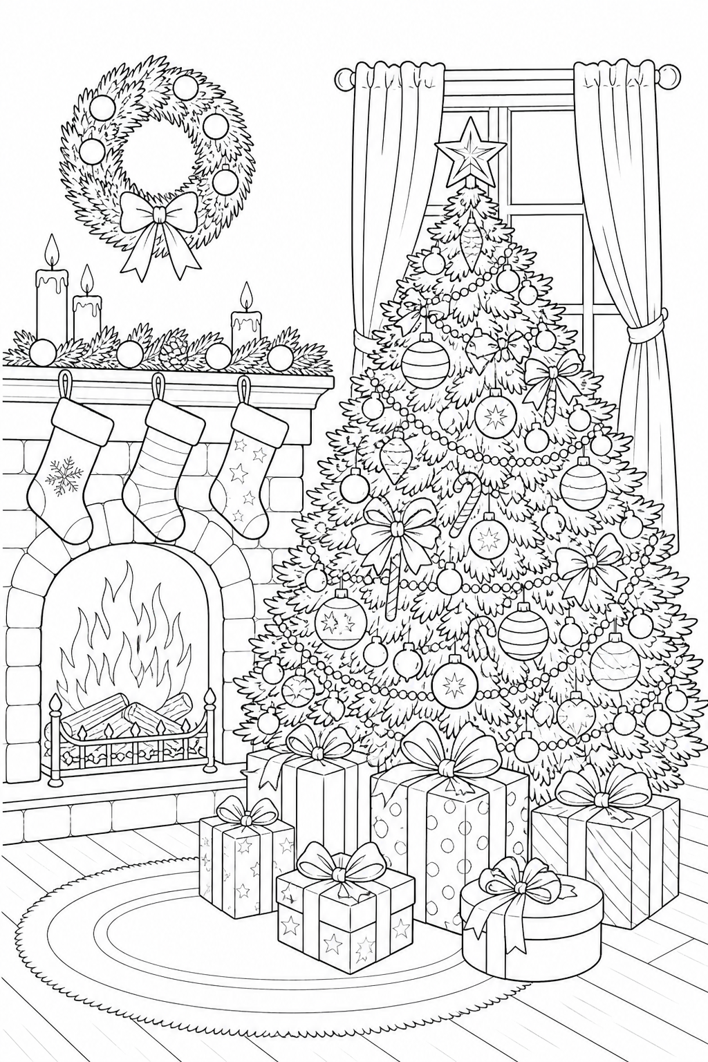 Black-and-white printable coloring page of a decorated Christmas tree beside a fireplace with stockings and wrapped gifts.