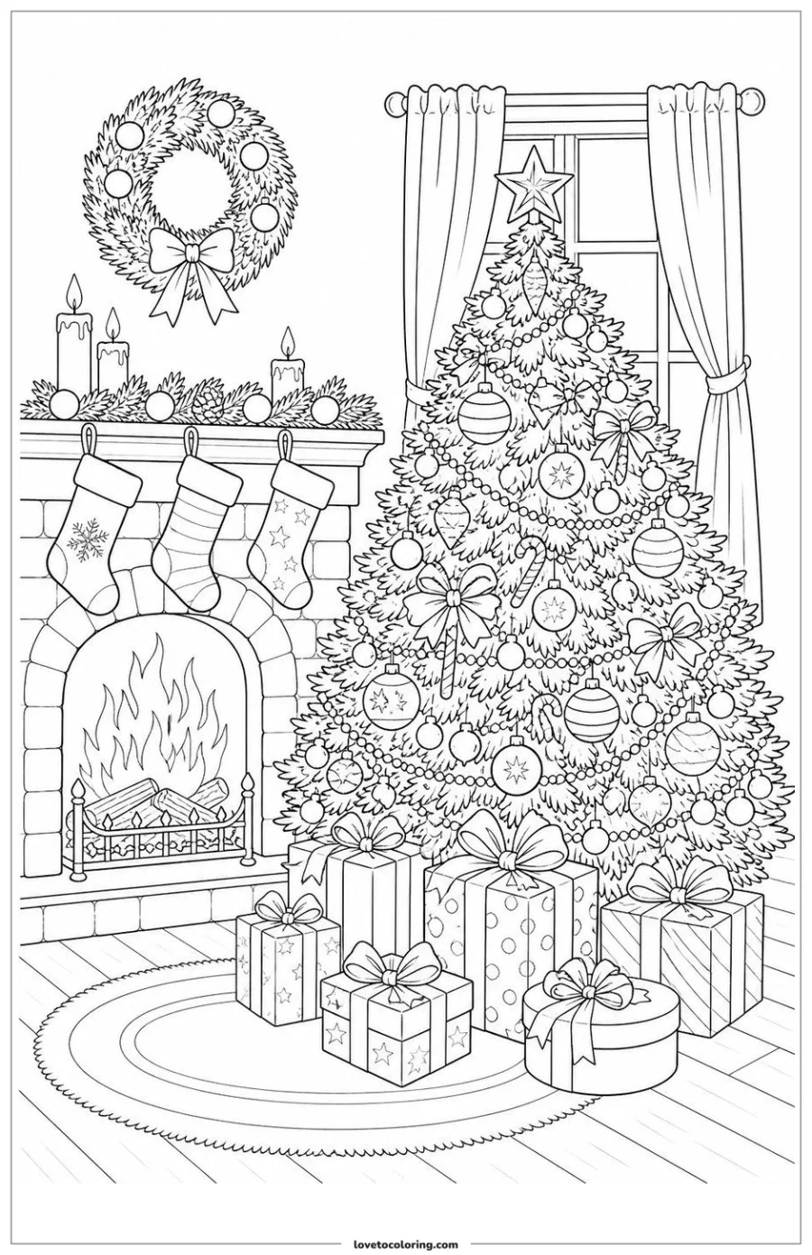 Dibujo para colorear de christmas tree by the fireplace