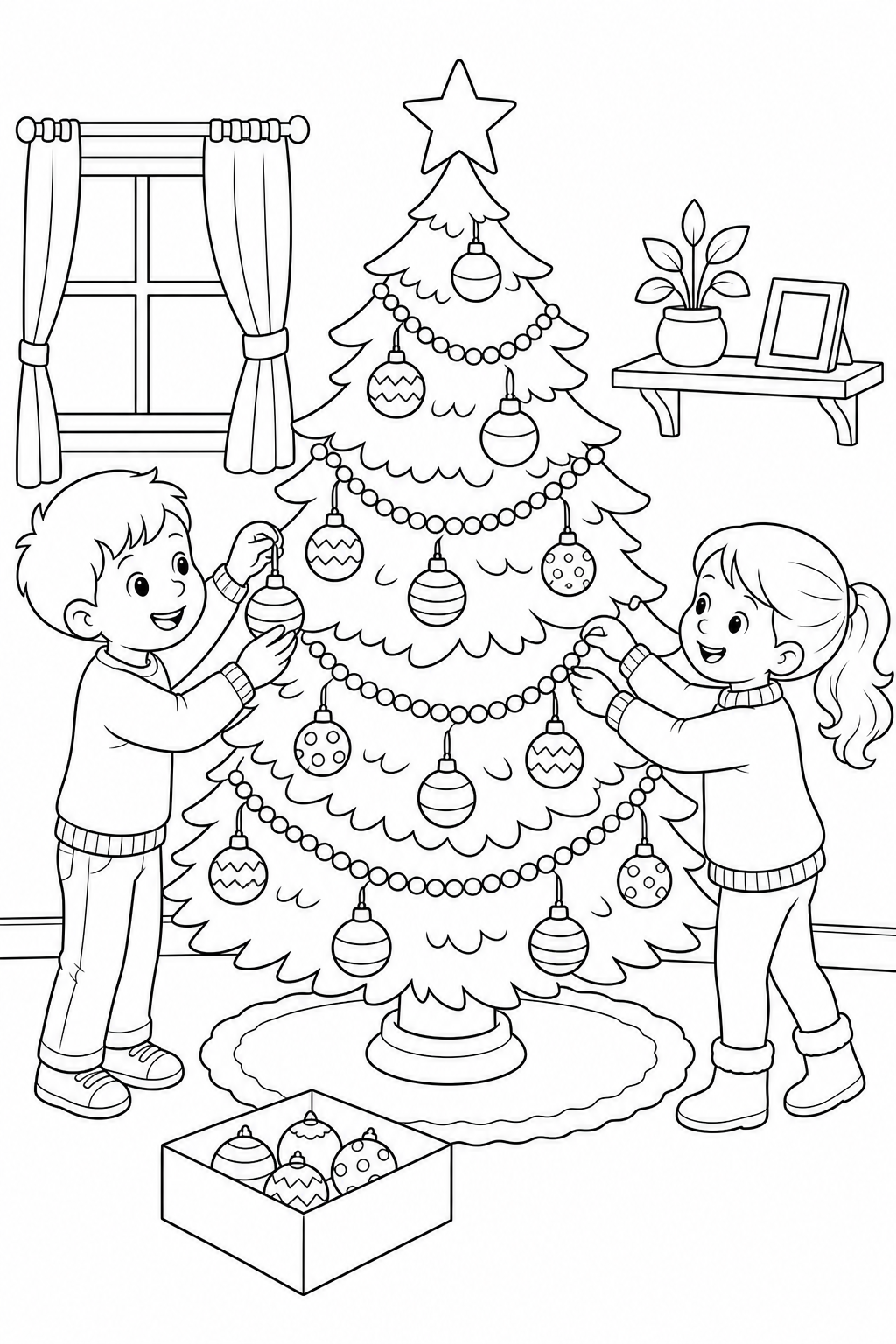 Black-and-white printable coloring page of two children hanging ornaments and garland on a Christmas tree.