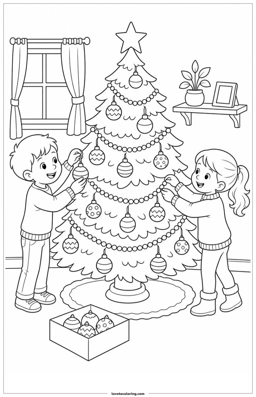 Dibujo para colorear de kids decorating a christmas tree