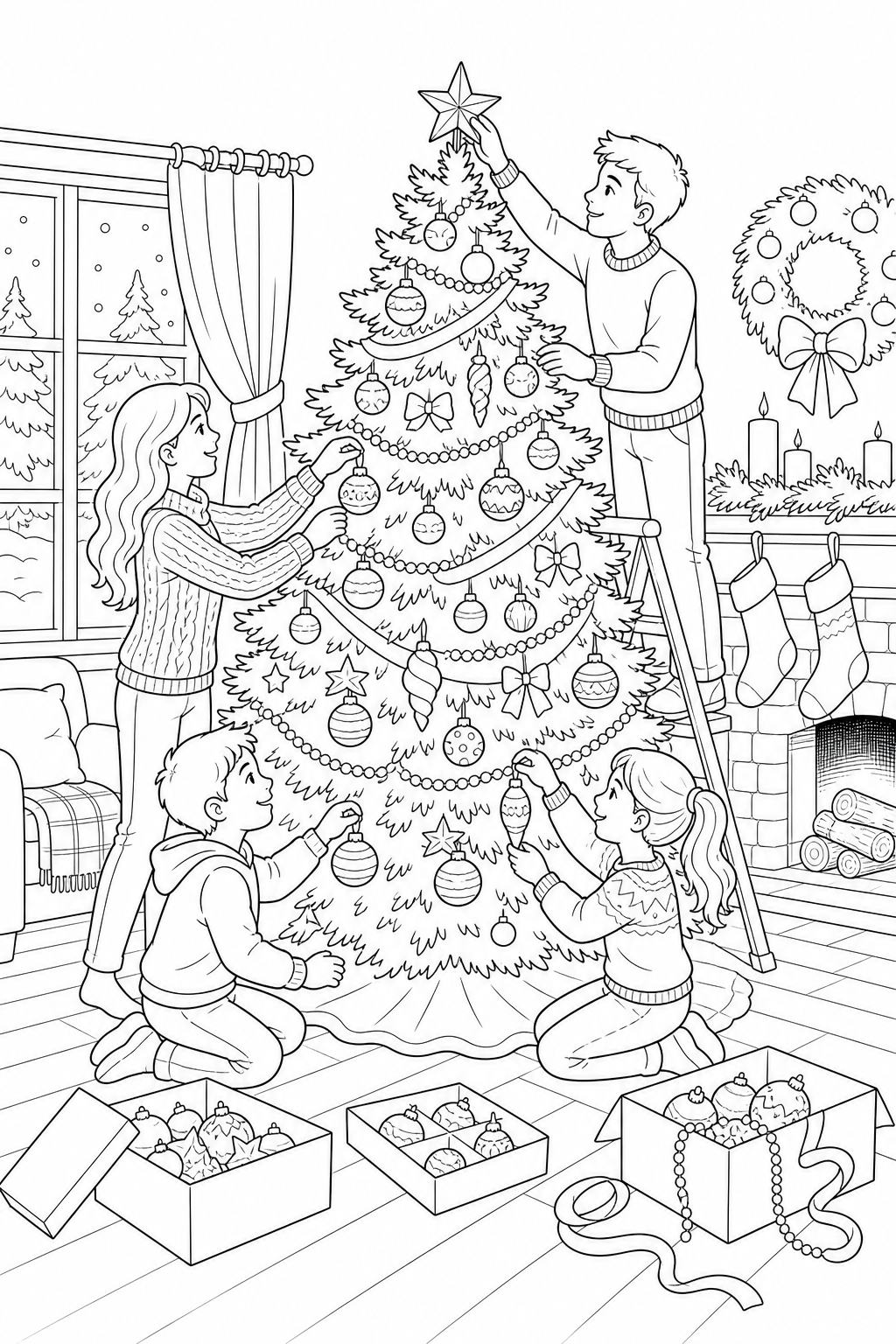 Black-and-white printable coloring page of a family placing ornaments and a star on a Christmas tree together.
