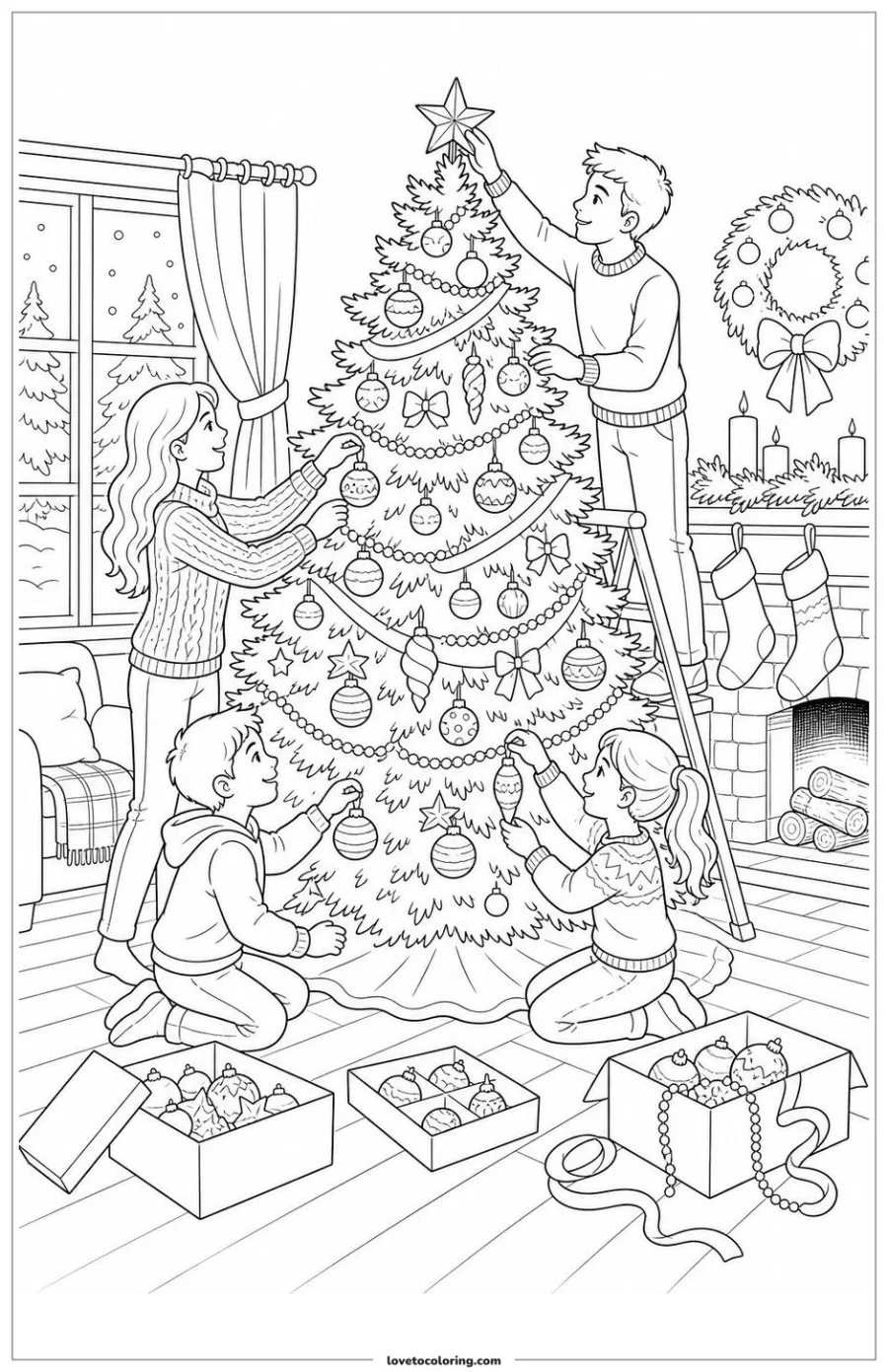 Dibujo para colorear de family decorating a christmas tree