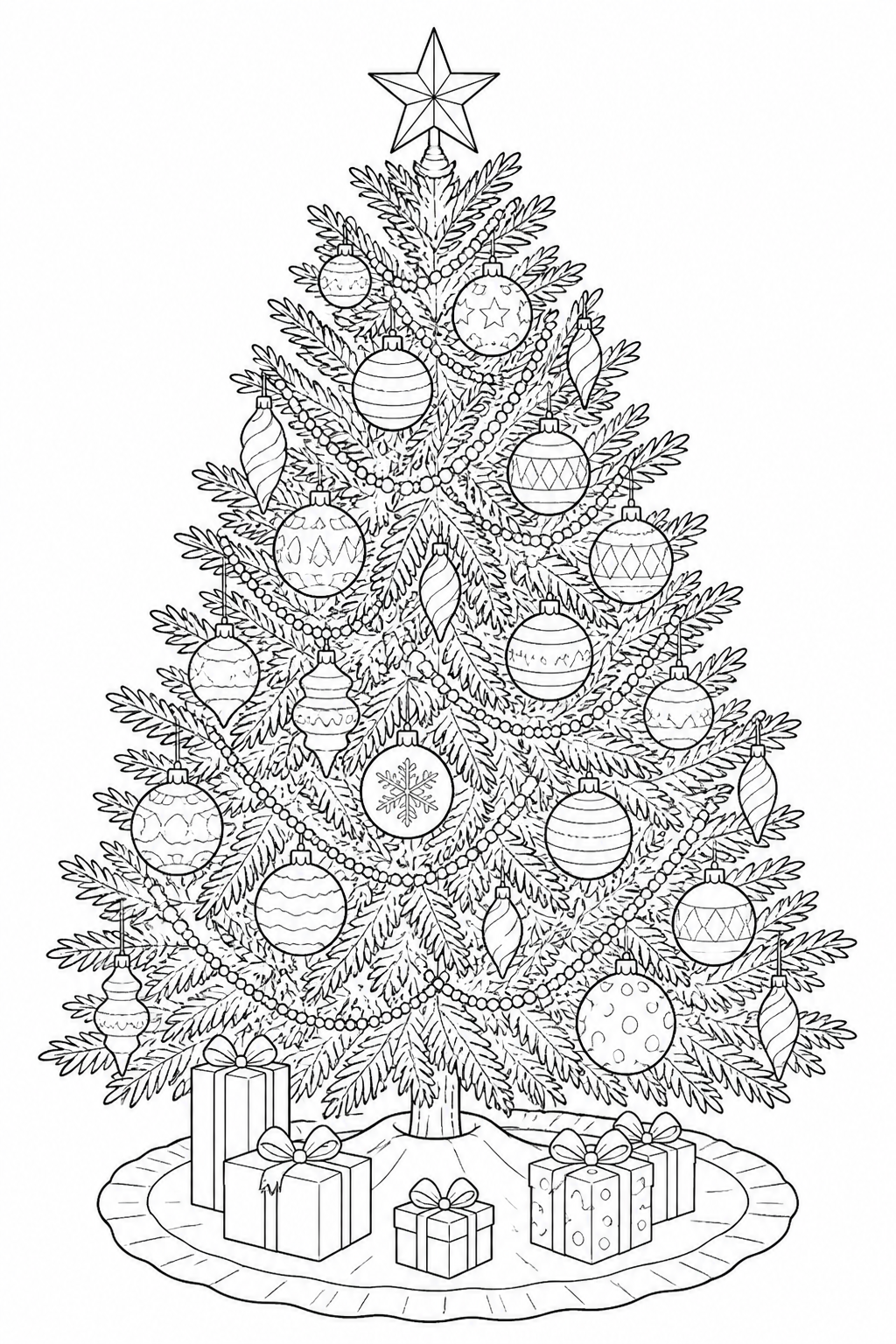 Black-and-white printable coloring page of a realistic evergreen Christmas tree with layered branches and classic ornaments.
