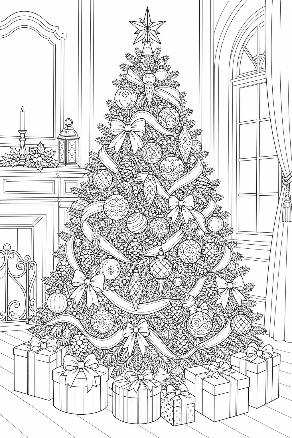 Black-and-white printable coloring page of an intricate Christmas tree with ornaments, ribbons, pinecones and layered branches.