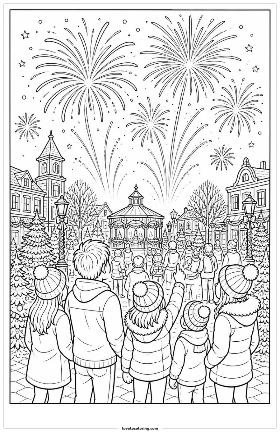 Dibujo para colorear de new year fireworks over a town square
