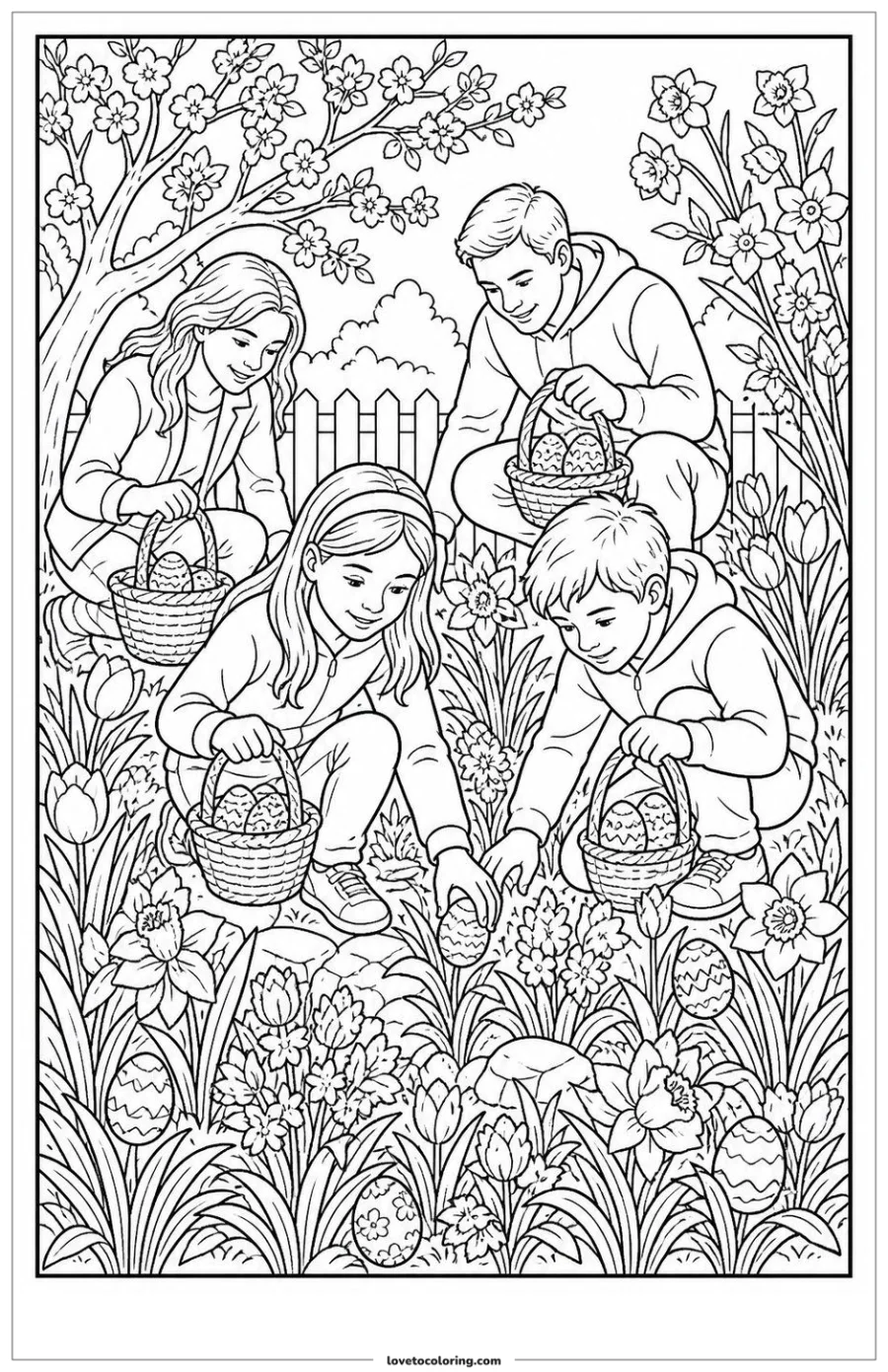 Dibujo para colorear de searching for easter eggs in a garden
