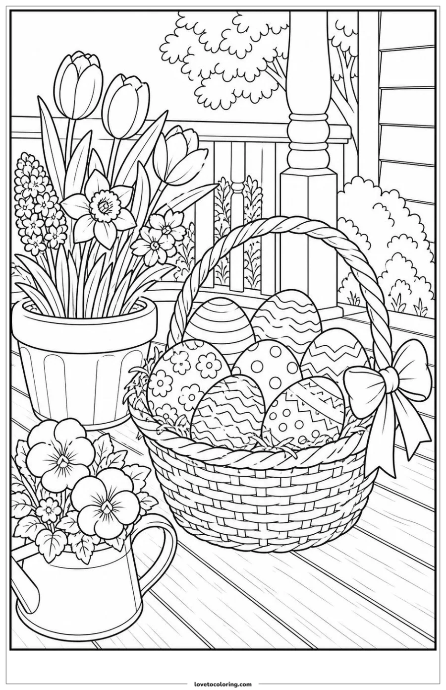 Dibujo para colorear de easter basket display with spring flowers