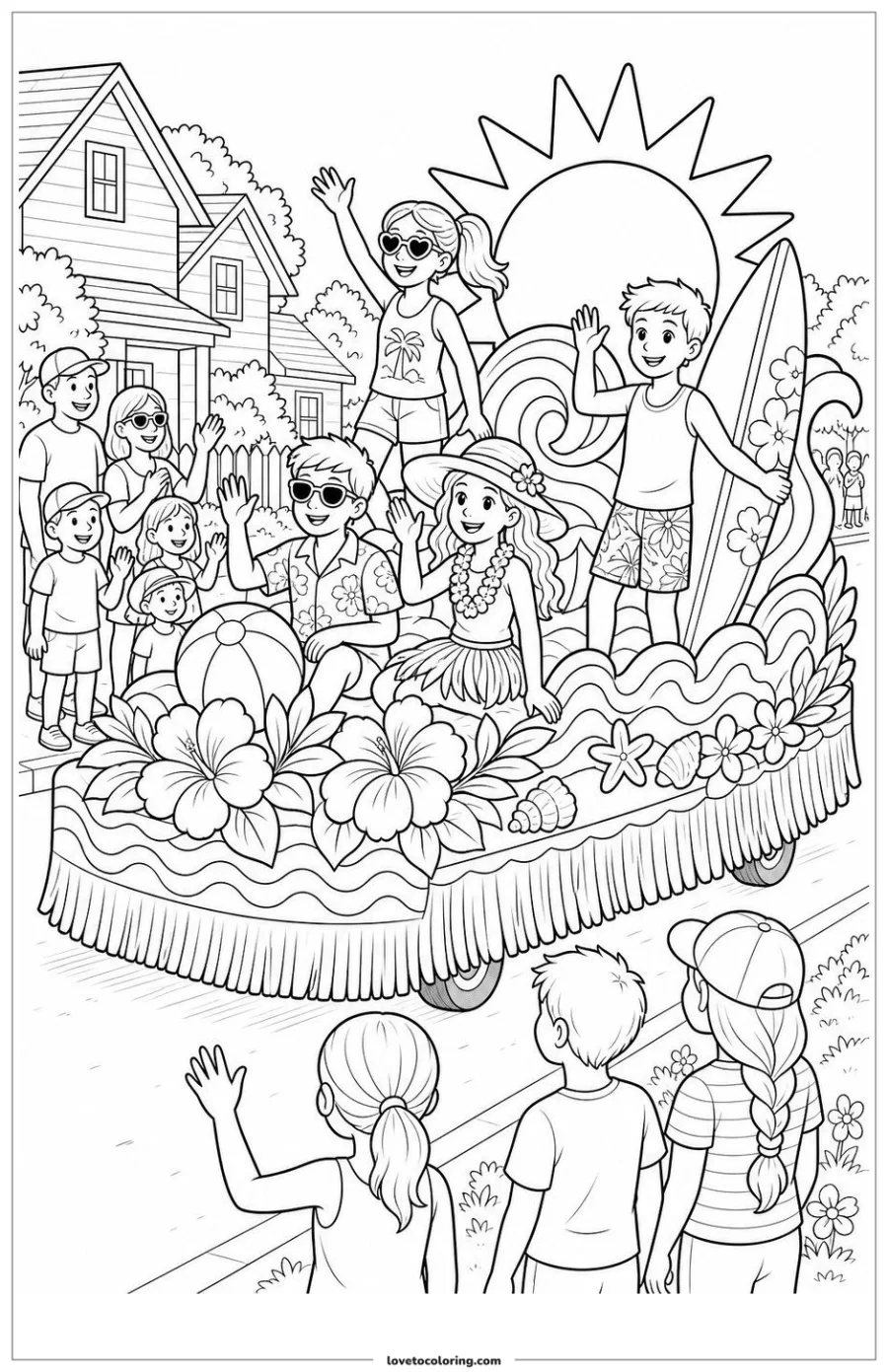Dibujo para colorear de summer parade float in a community street