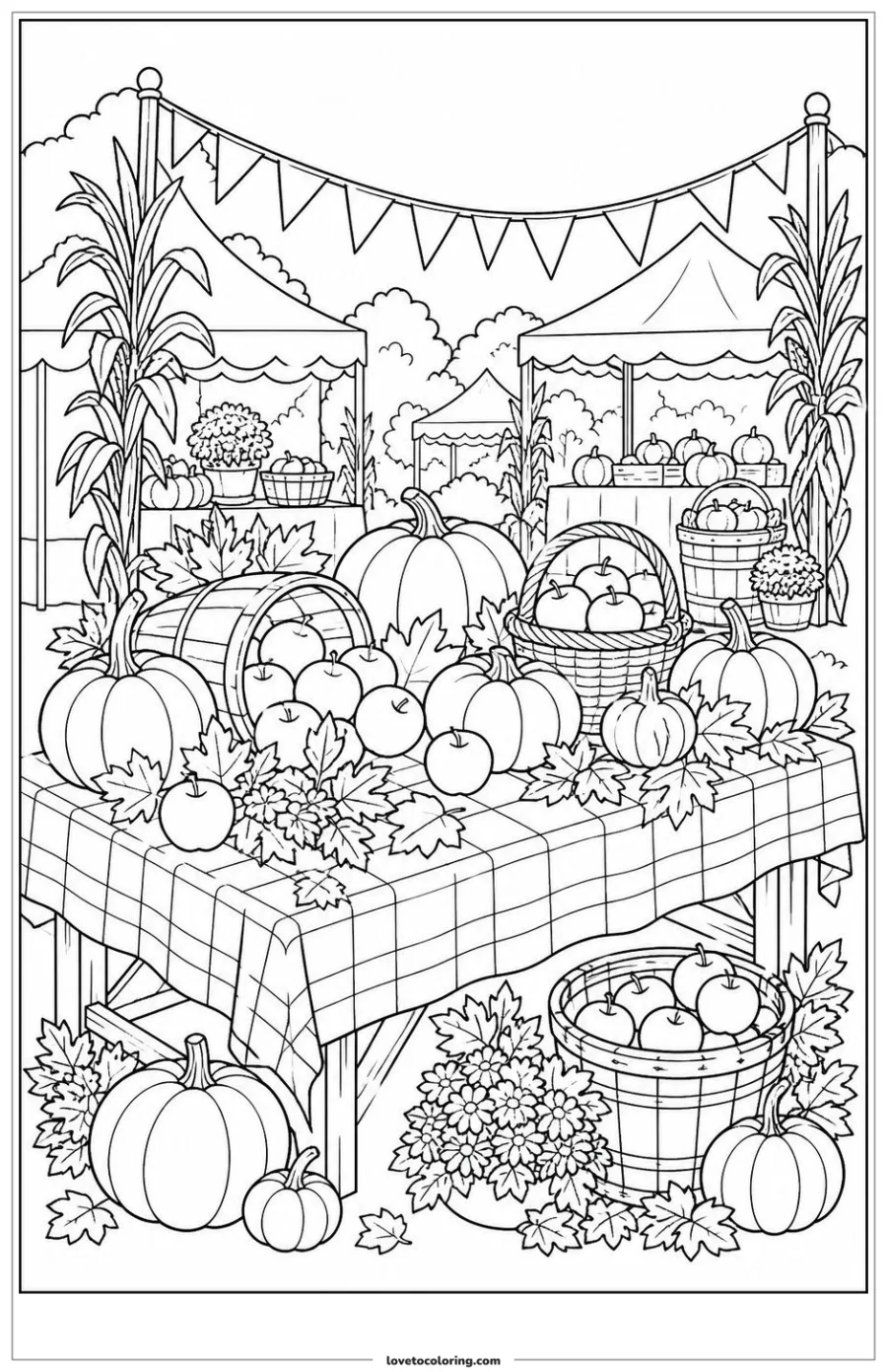Dibujo para colorear de harvest festival table with pumpkins and apples