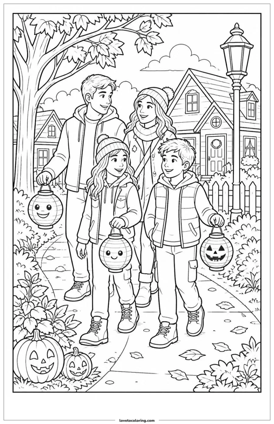 Dibujo para colorear de family lantern walk at halloween