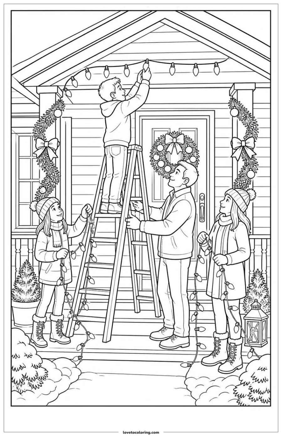 Dibujo para colorear de hanging holiday lights on a porch