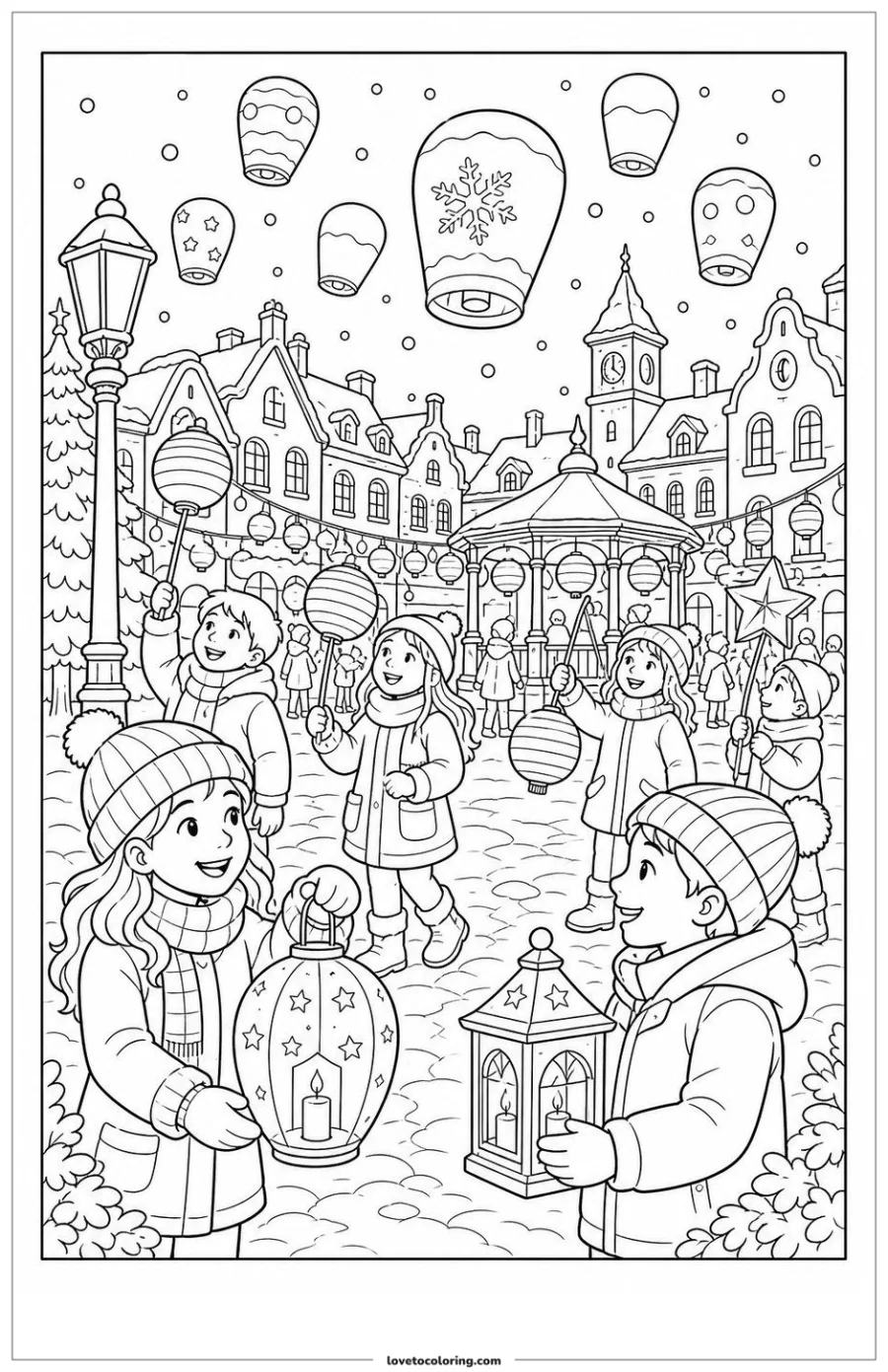 Dibujo para colorear de winter lantern festival in a town square