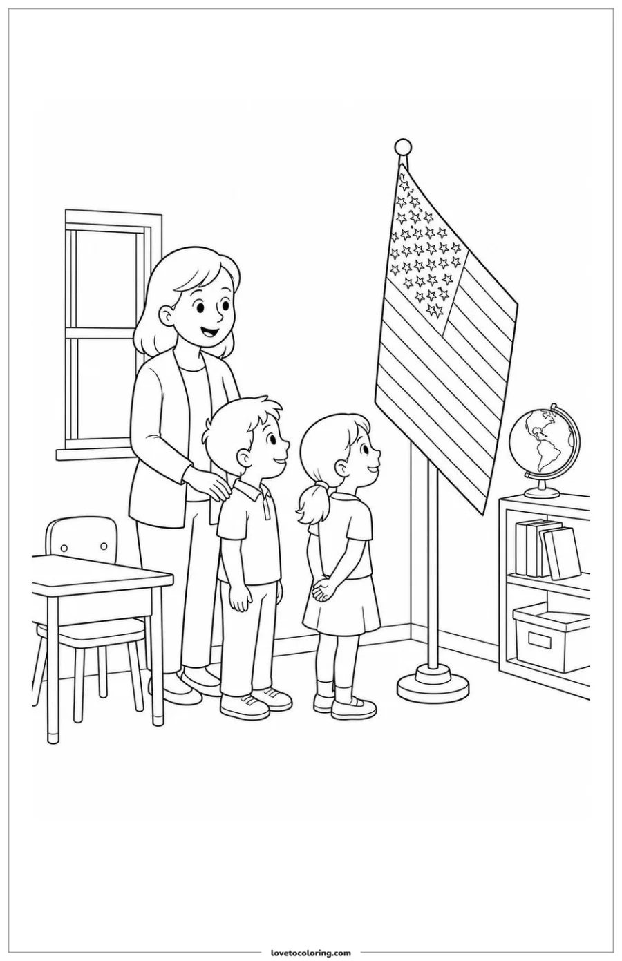 Dibujo para colorear de teacher and children studying an american flag