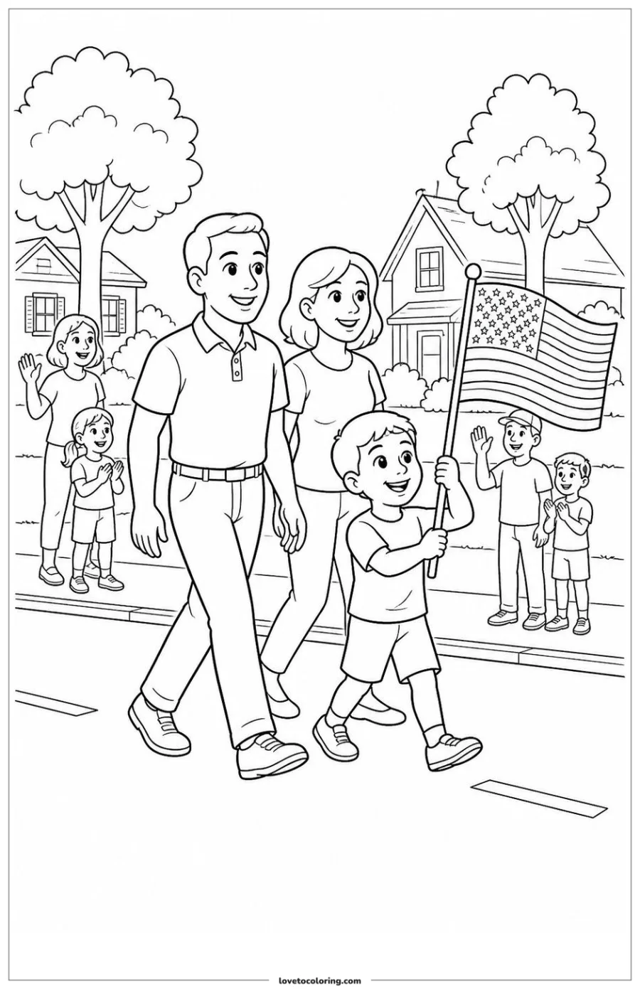 Dibujo para colorear de family walking with an american flag