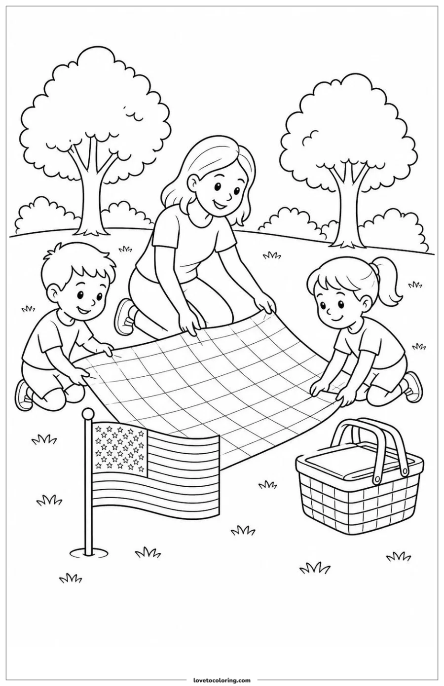 Black-and-white printable coloring page of a family setting up a picnic blanket beside a small American flag in a summer park.