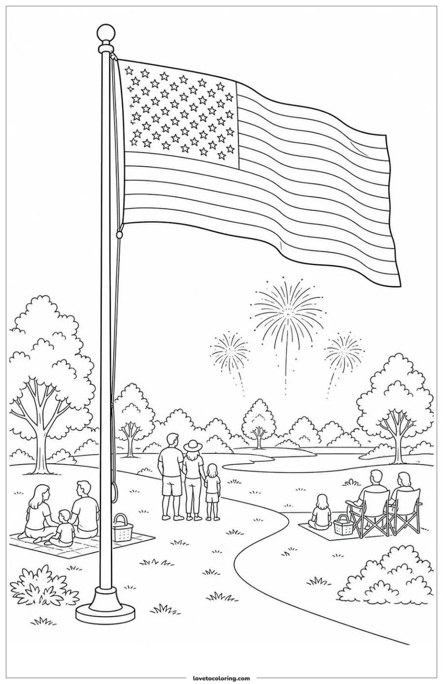 Dibujo para colorear de american flag at an independence day gathering