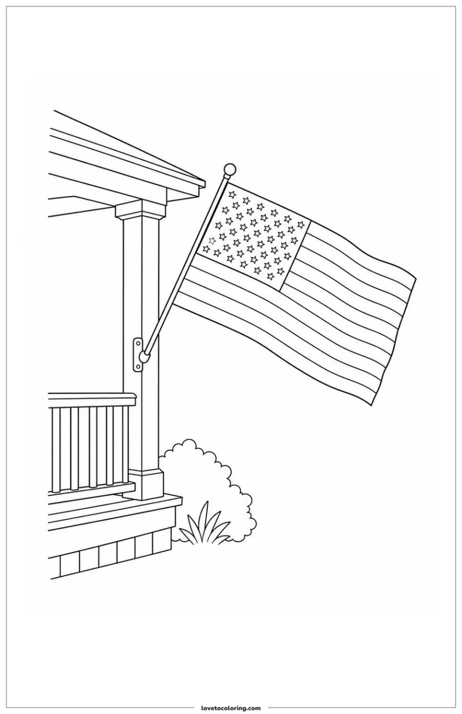 Black-and-white printable coloring page of an American flag hanging above the rail of a simple front porch.
