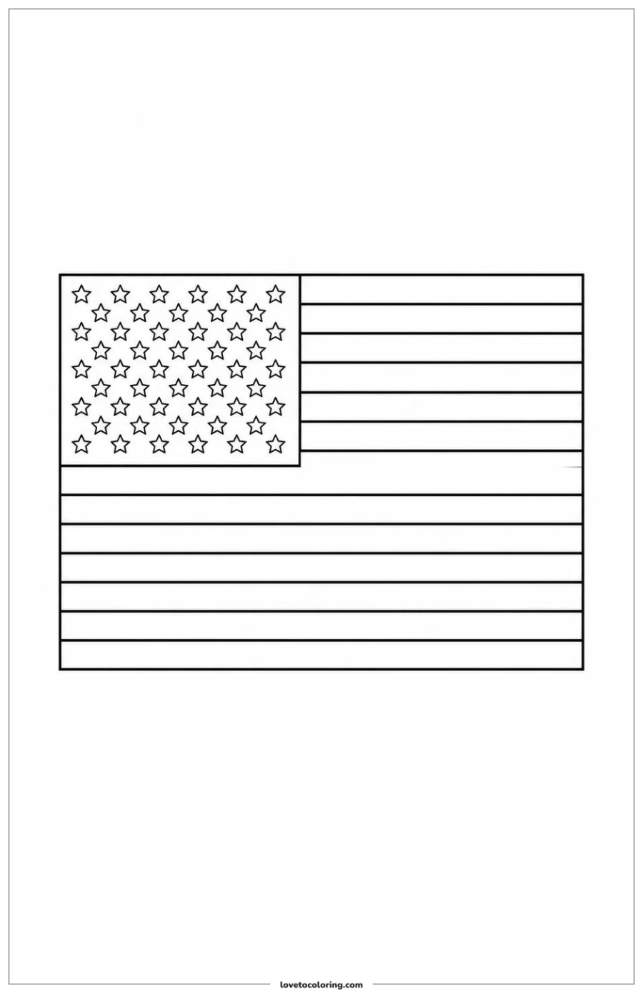 Black-and-white printable full-page American flag outline with broad stripes and a large star field.