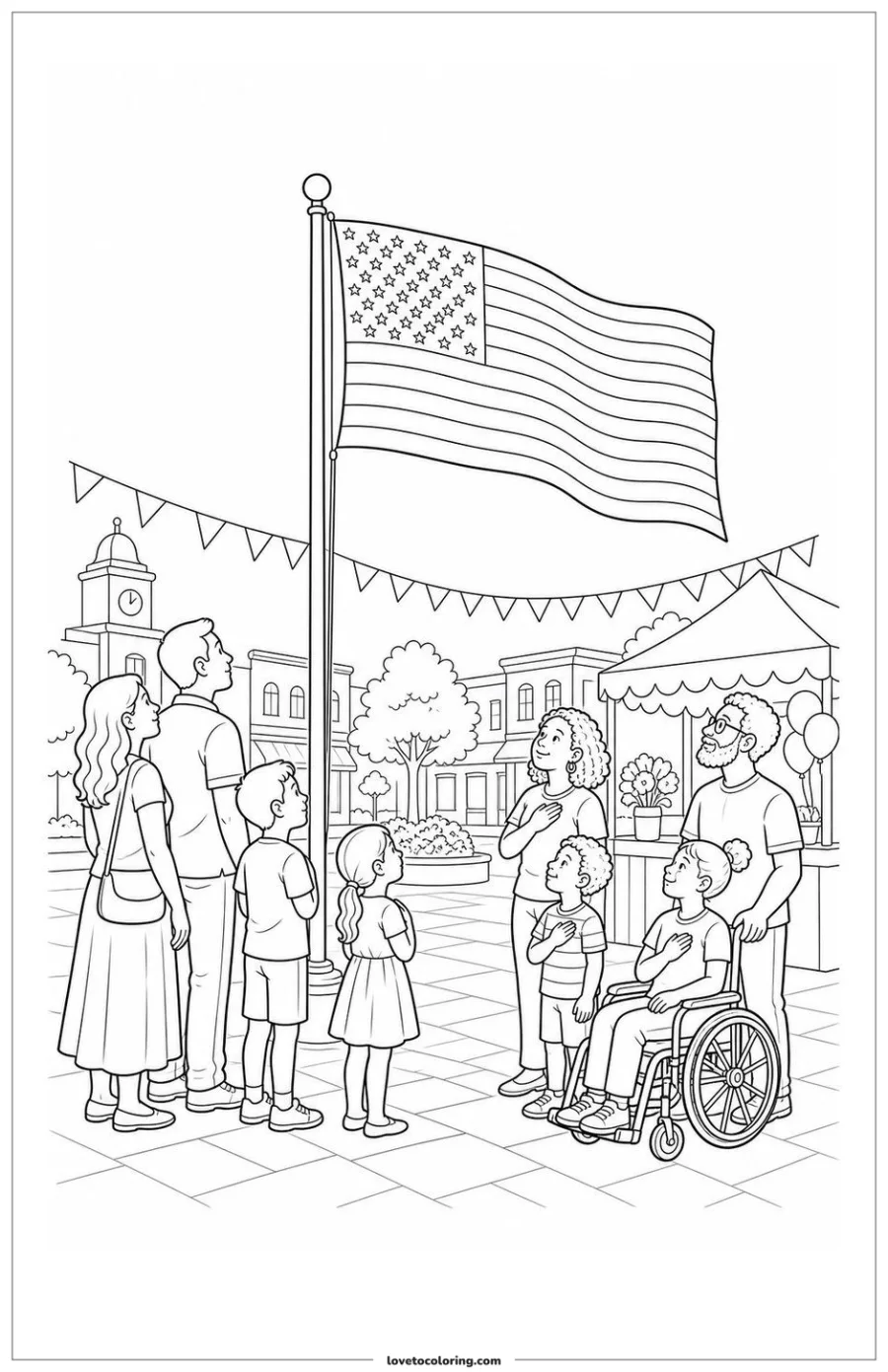Dibujo para colorear de families at a community flag festival