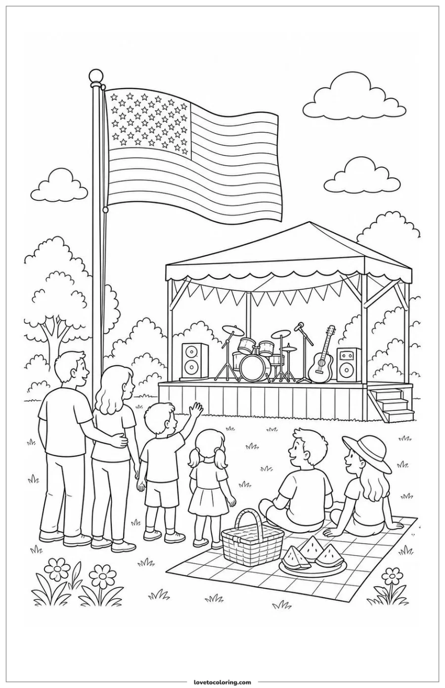 Dibujo para colorear de american flag at a summer festival