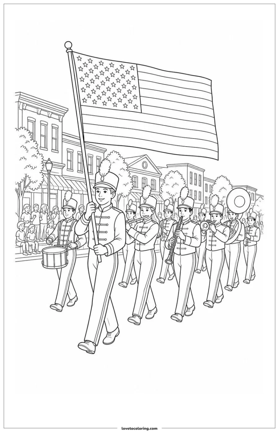 Dibujo para colorear de student marching band with an american flag