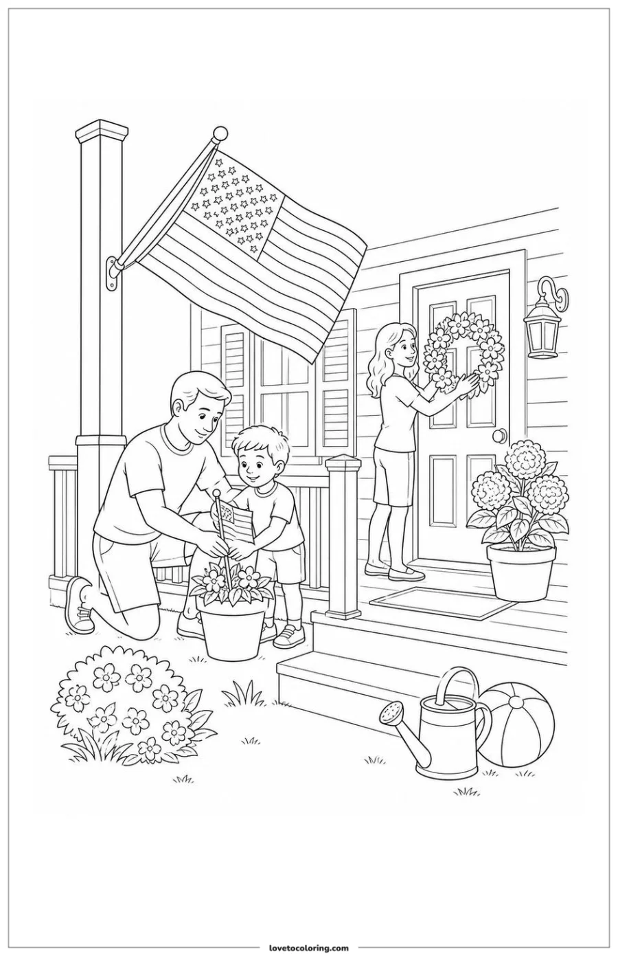 Dibujo para colorear de family decorating a porch with an american flag