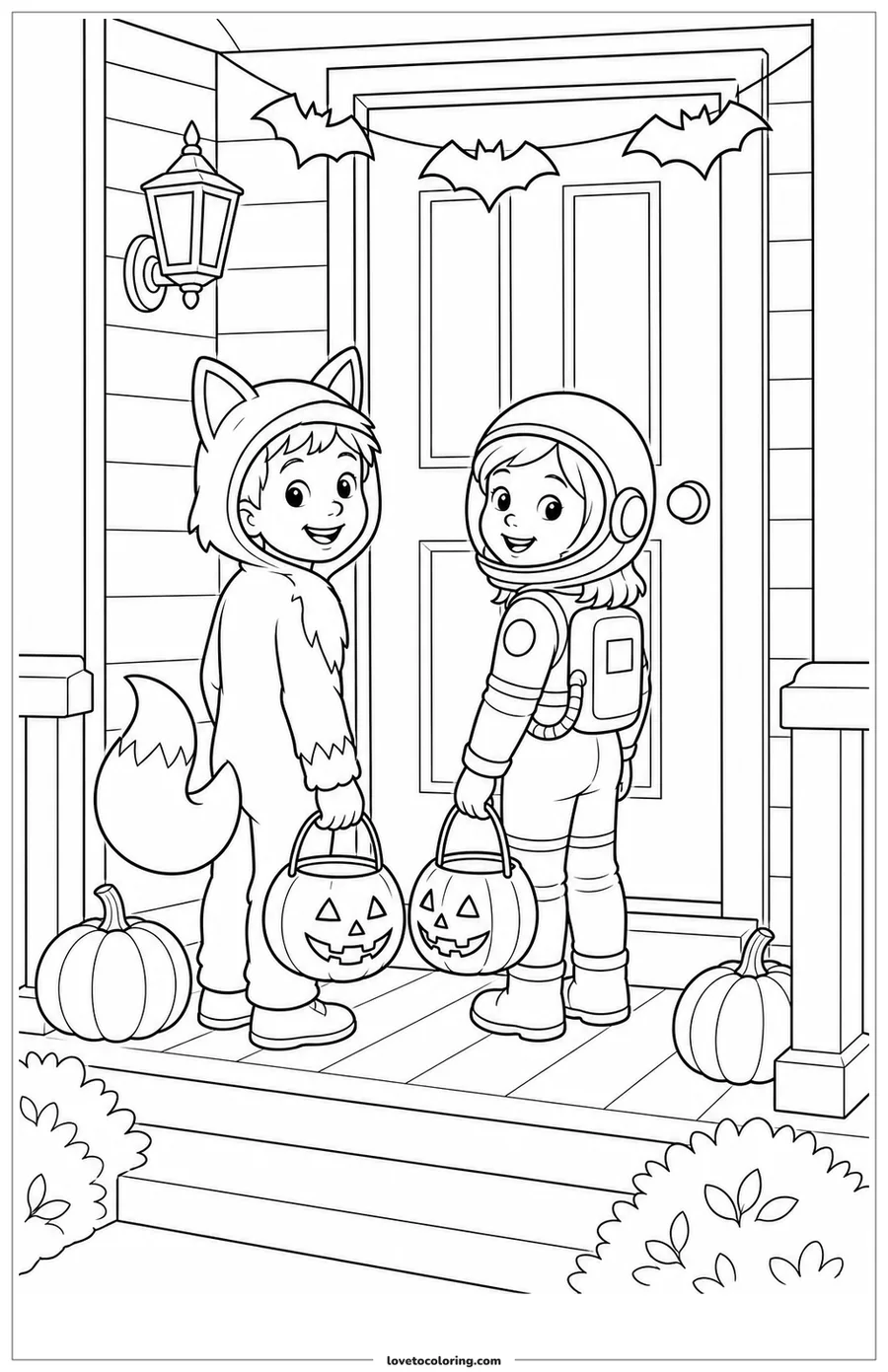 Dibujo para colorear de trick-or-treat at the door