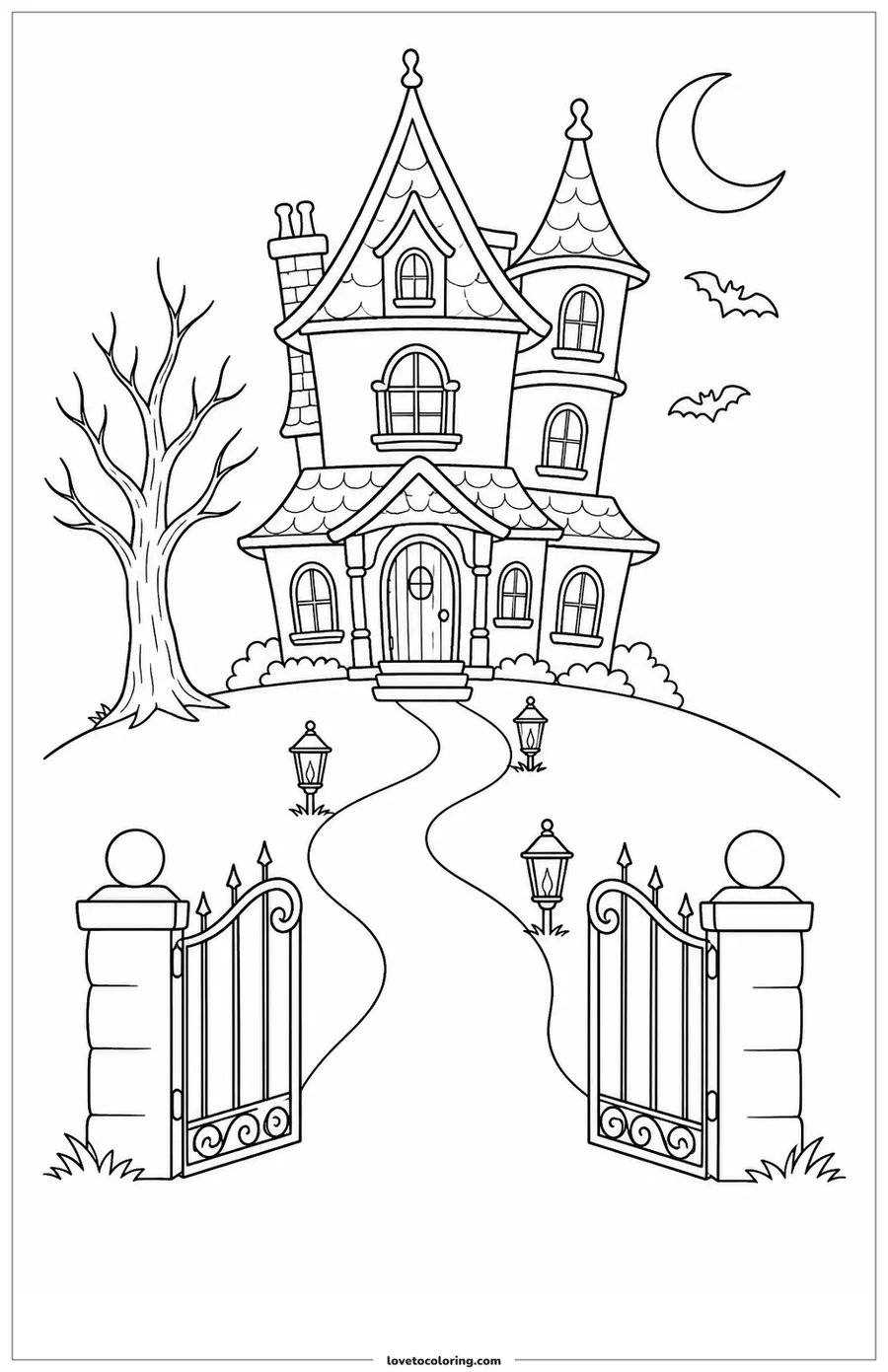 Dibujo para colorear de friendly moonlit haunted house