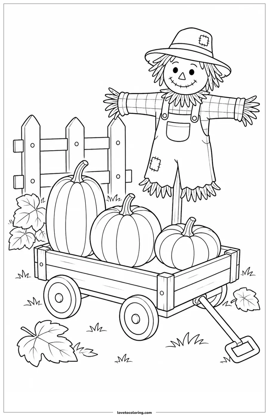 Dibujo para colorear de pumpkin wagon and scarecrow