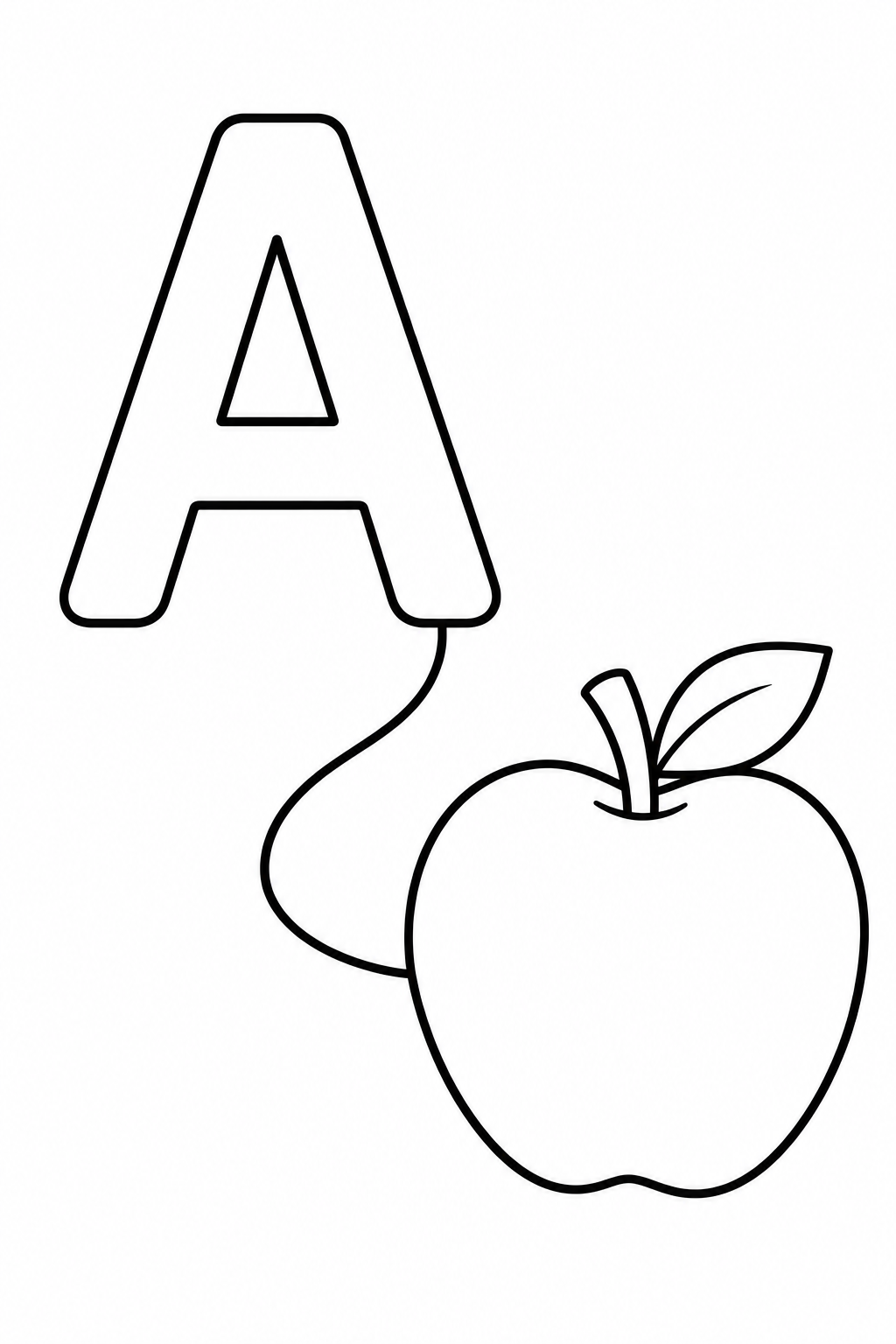 Black-and-white printable coloring page of uppercase and lowercase letter A with friendly apple beside a large outlined A.