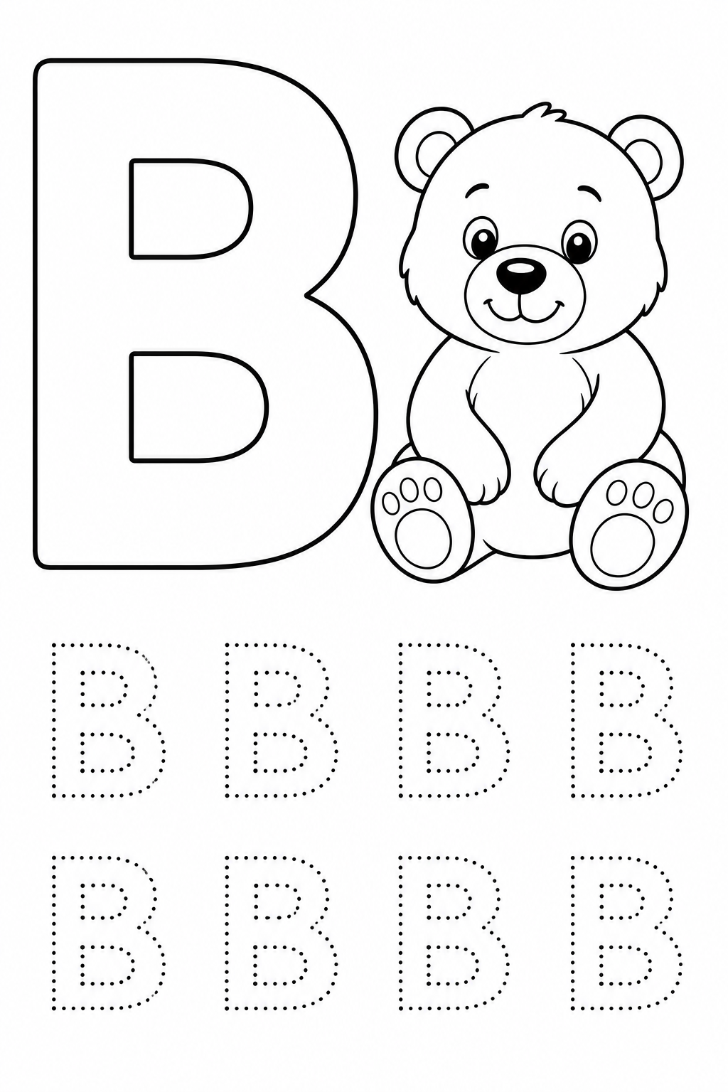Black-and-white printable coloring page of uppercase and lowercase letter B with gentle bear sitting beside a bold B.