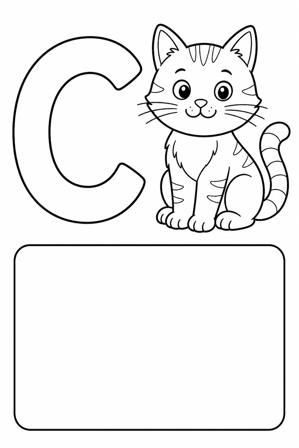 Black-and-white printable coloring page of uppercase and lowercase letter C with curious cat peeking around a clear C.