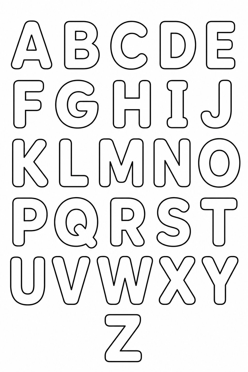 Black-and-white printable coloring page showing an uppercase alphabet as a trace-and-color sequence from first to last.