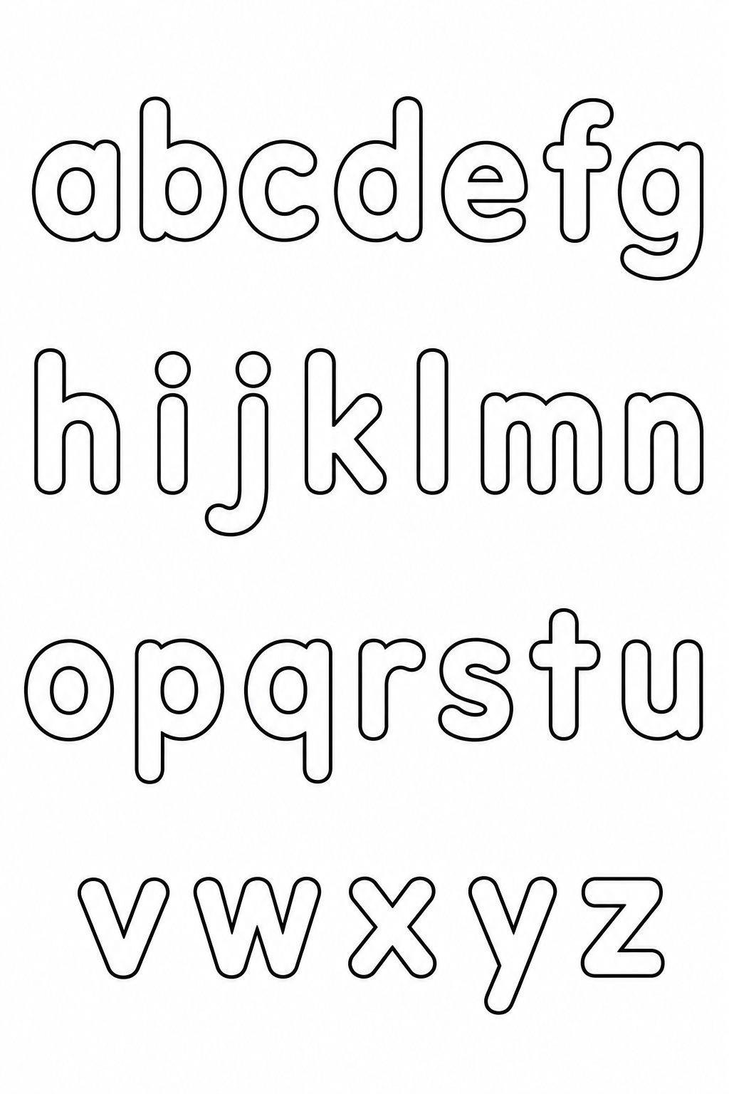 Black-and-white printable coloring page showing lowercase letters arranged in four clear groups.