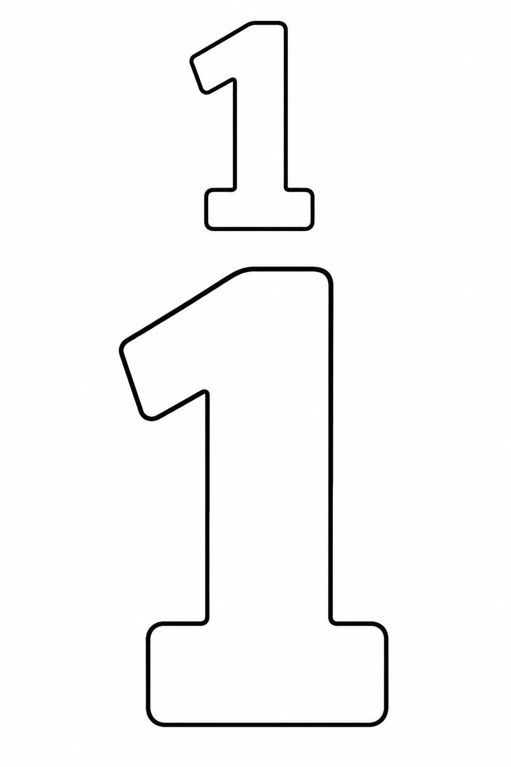 Black-and-white printable coloring page showing a number one with one completed example and one empty outline.
