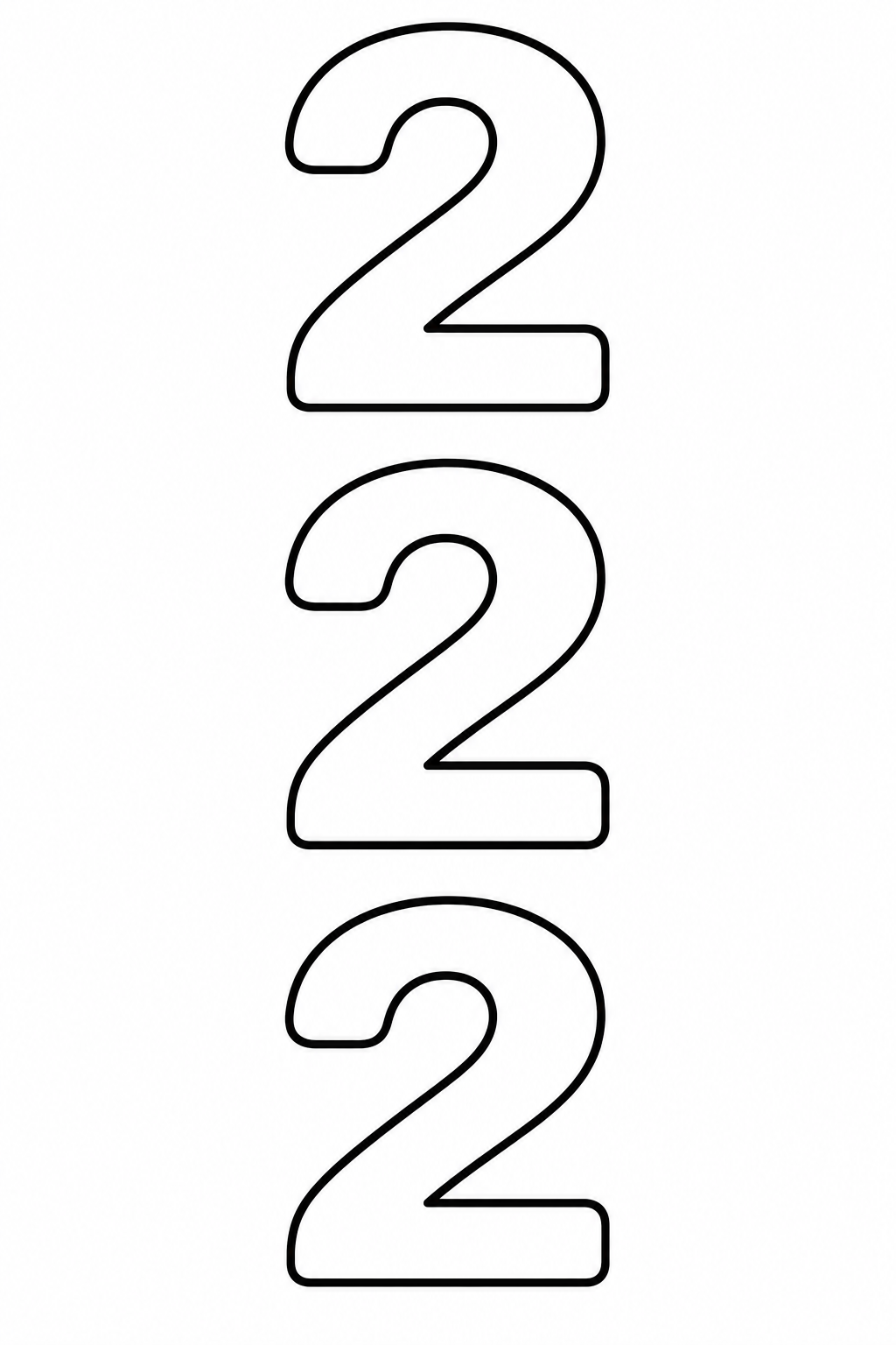 Black-and-white printable coloring page showing a number two repeated in three large practice outlines.