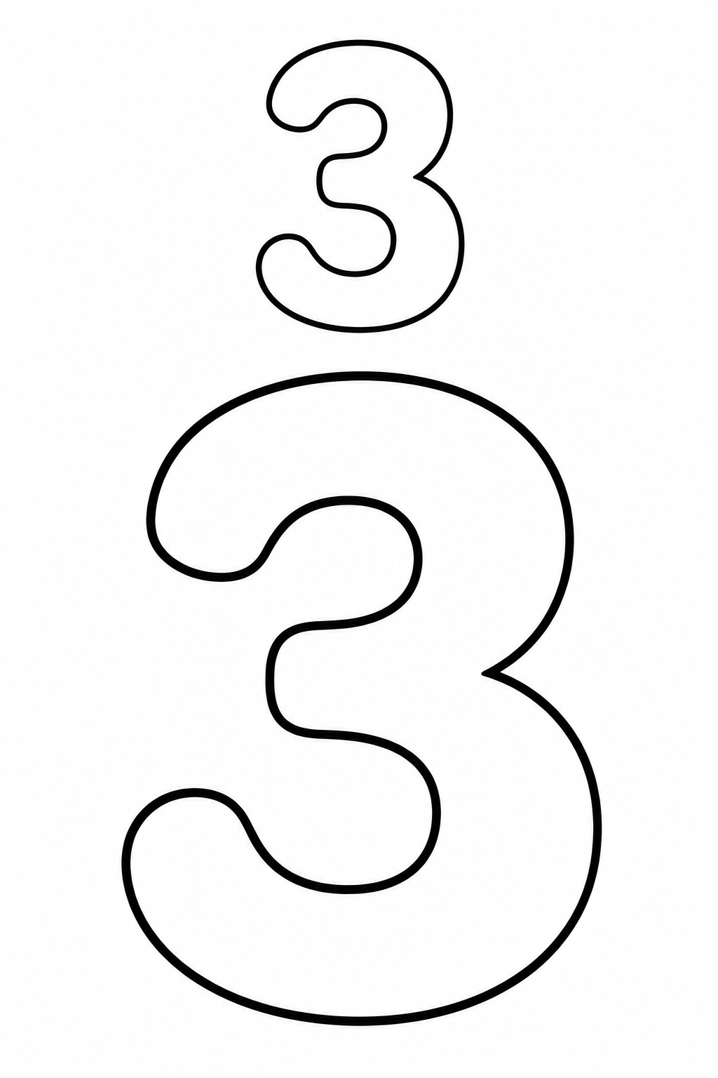 Black-and-white printable coloring page showing a number three with one completed example and one empty outline.