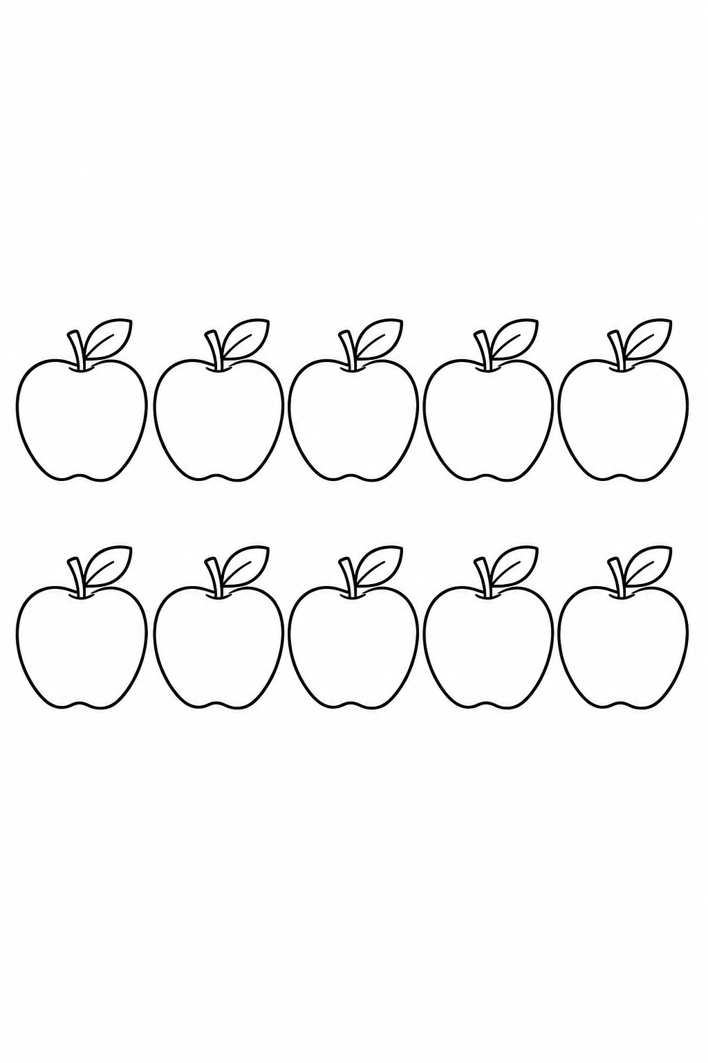 Black-and-white printable coloring page showing ten apples arranged separately for counting.