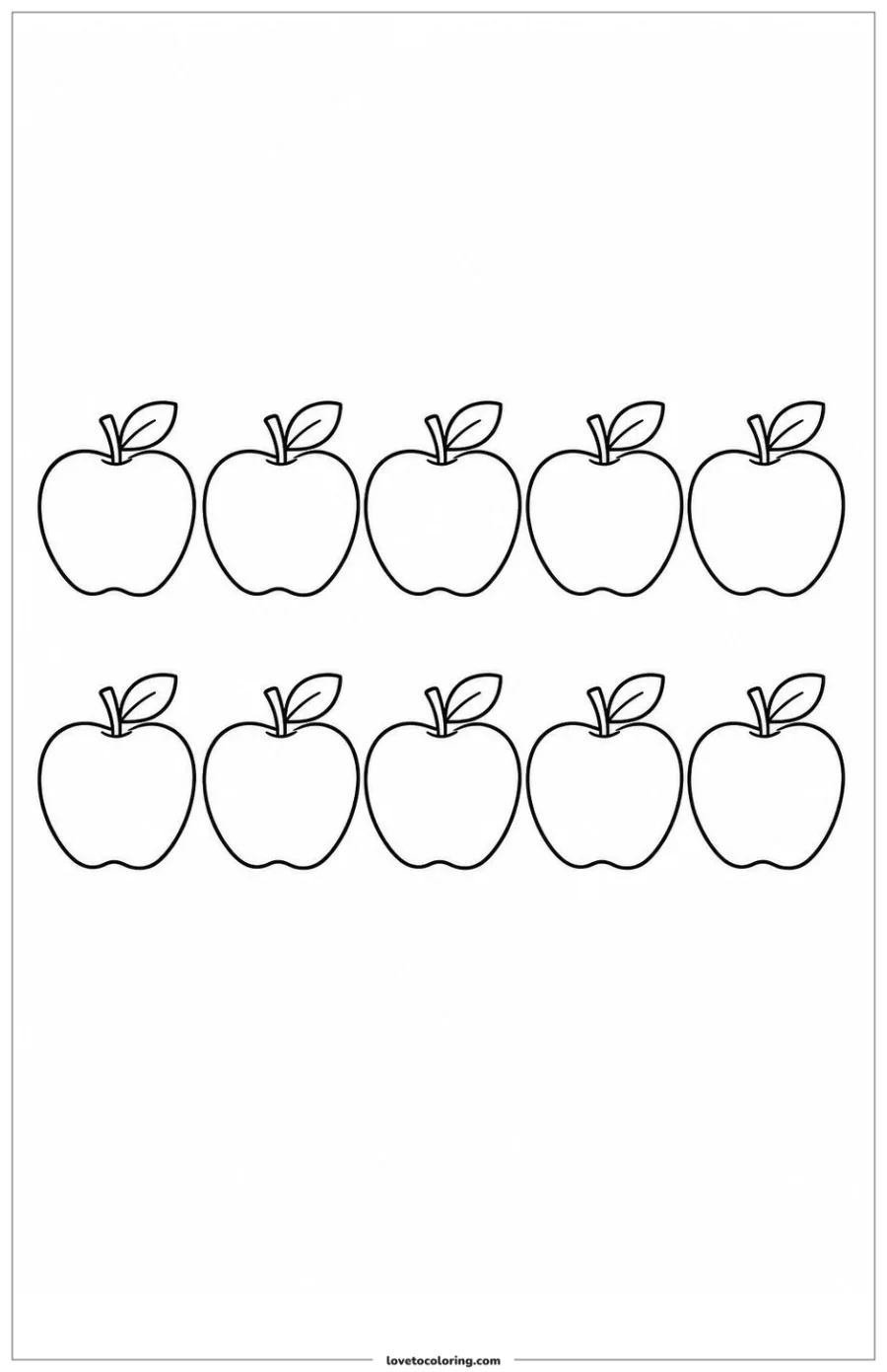 Black-and-white printable coloring page showing ten apples arranged separately for counting.